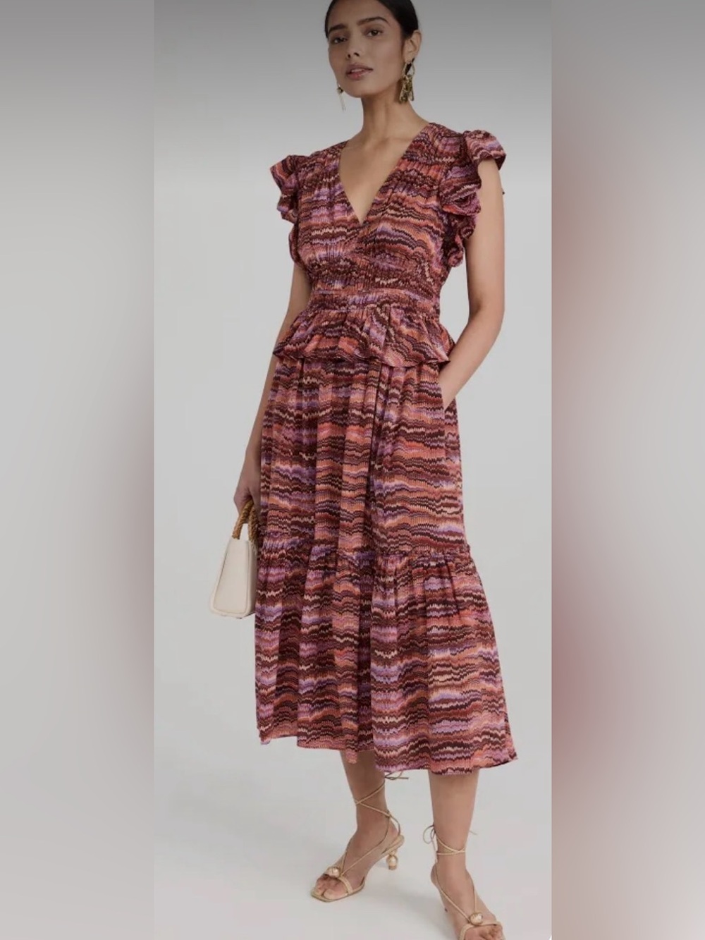 Ulla Johnson Women’s Bendetta Dress Pink & Brown Print Ruffled Midi Dress